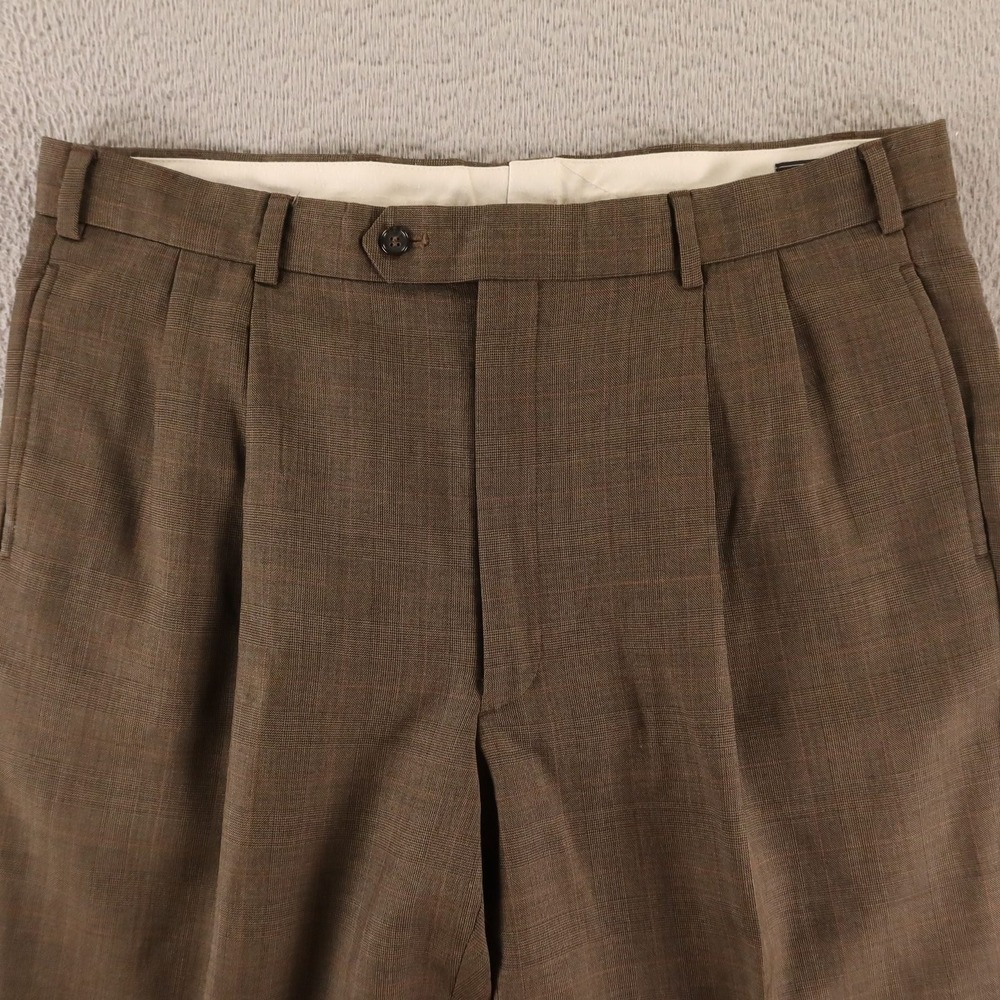 VTG Pants Mens 36x30 Brown Prince of Wales Check 100% Wool Pleated Slacks - Picture 2 of 8